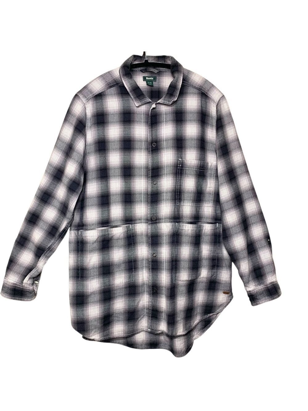 Roots Plaid Flannel Shirt Sz XL Black Gray Snap Button Long Sleeve Cabin Gorp